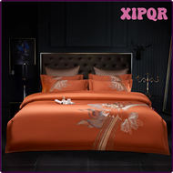 ชุดเครื่องนอนปักลวดลายดอกไม้ศิลปะไฮเอนด์ XIPQR ปลอกหมอนผ้าลินินปูที่นอนปลอกผ้านวมผ้าห่มผ้าฝ้ายอียิปต์สีส้มหรูหรา