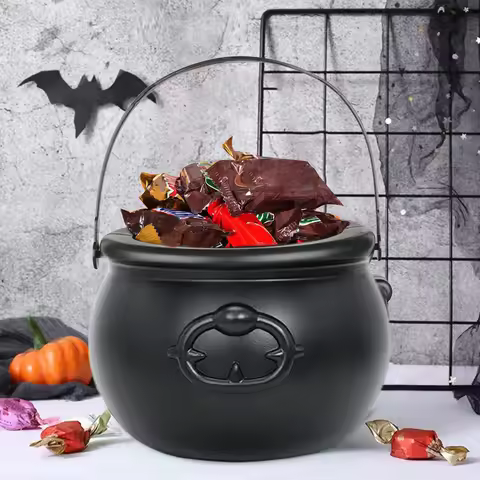 Halloween Candy Bowl Decorations Black Plastic Cauldron Bowls with Iron Rack, Halloween Party Decora