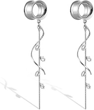 1 Pair Double Horn with CZ Leaves gauges Earrings Dangle Plugs Tunnels Hypoallergenic Stainless Stee