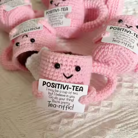 Pink Cute Hand-Crocheted Tea Cup Ornament Gifts Positive Teacup Yellow Don't Worry Beer Happy Energy