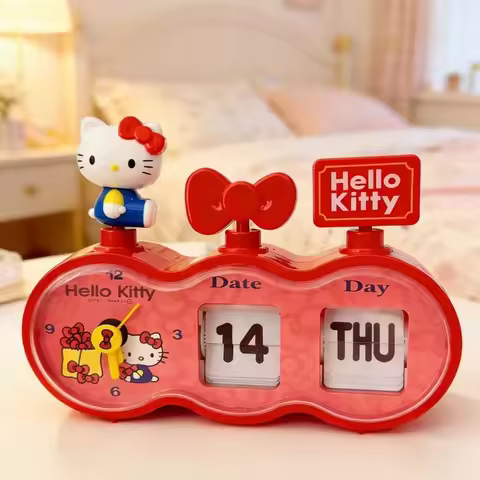 Hello Kitty Desk Clock Page Calendar Date Alarm Clock Two-in-one Red Girl Heart Desktop Decoration O