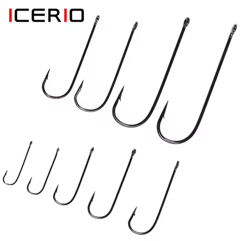 ICERIO 50PCS Aberdeen Long Shank Fish Hook Saltwater Fresh Water Fishing Hooks Sabiki Rig Streamer F