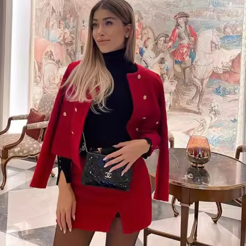 xikom 2021 Tweed Two pieces set Women red Vintage O Neck Long Sleeve Office Lady slim Blazer Coat Fe