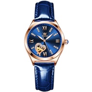 OLEVS 6636 Women Mechanical Fashion Watch Gift Round-dial Genuine Leather Watchband Wristwatch