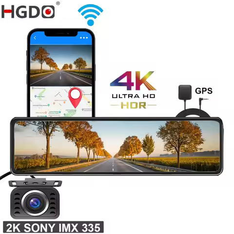 HGDO M210 4K + 2K Dash cam GPS WIFI Front SONY IMX415 Rear View Mirror Video Recorder SONY IMX307 Ba