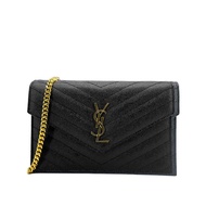 YSL Monogram 金logo粒紋牛皮斜背/肩背信封包-19cm(742920-黑)