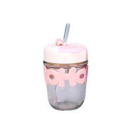 Glass Cup Pink Hoho with Glass Straw