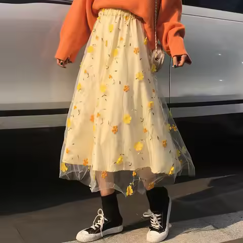 Yellow 3D Flower Lace Skrit Women High Waist Mesh Long Skrit Female elegant Midi tulle skirt Sweet C