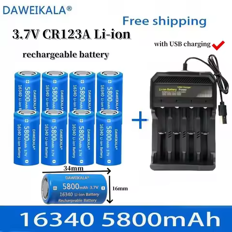 5800mAh rechargeable 3.7V Li-ion 16340 batteries CR123A battery for LED flashlight wall charger, tra