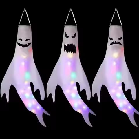 Halloween LED Ghost Windsock Hanging Decoration Light Up Spooky Ghost Wind Tube for Outdoor Yard Par