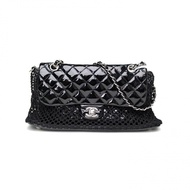 CHANEL 黑色漆皮14開銀扣CF口蓋包網兜黑銀二合一托特包