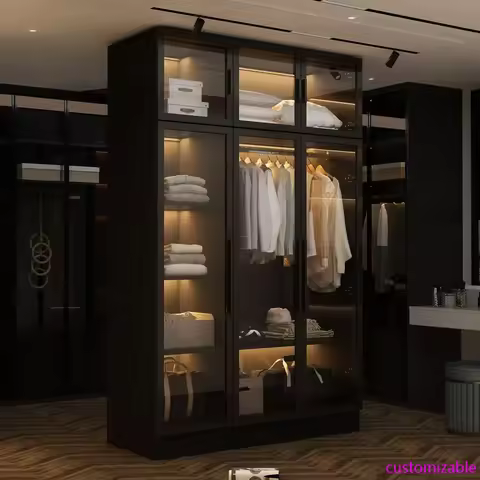 Glass Wardrobe Closet with Lights, Amoire Wardrobe, Armoire Wardrobe Closet with Hanging Rod, Armoir
