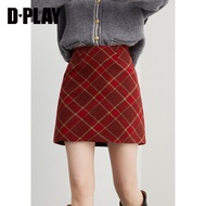 D-PLAY | Váy Ngắn Kẻ Caro Màu Đỏ Dày Dplay Winter 2025 Váy Chữ a Cạp Cao Cho Nữ Váy Ngắn Mùa Đông Ph