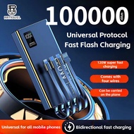 100000mAH Power Bank 4 Cables 120W Full Capacity Mini Powerbank Portable Fast Charging Digital Displ