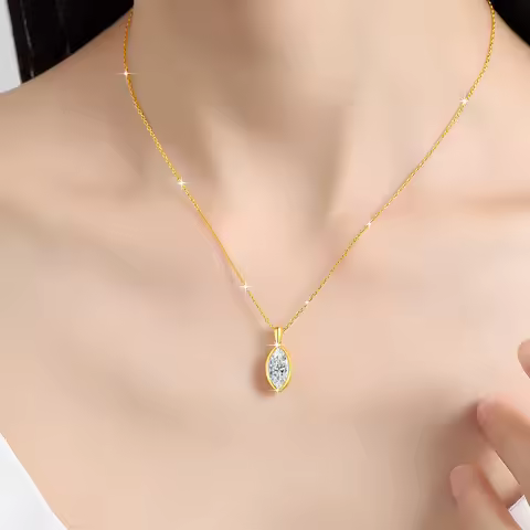 AU585 Gold 14K Marquise Cut Moissanite Pendant Necklace Woman Leaf Shape Clavicle Chain Water Drop D