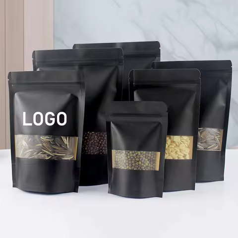 100 black matte paper standing bags with window and zipper closure, suitable for coffee, dried fruit
