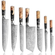 SENKEN 7-Piece Damascus Kitchen Knife Set - Tsunami Collection - 67-Layer Japanese VG10 Steel - Chef