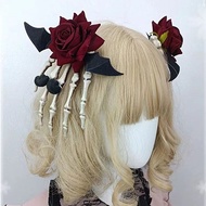 Loli Gothic Style Headdress Red Rose Bow Hair Accessories Gothic Headdress Skull Halloween Hairpin W