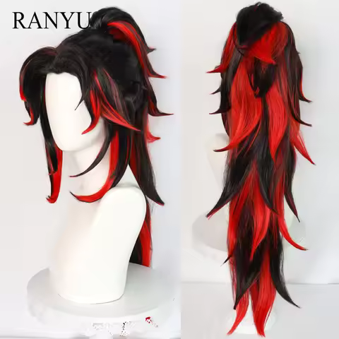RANYU Synthetic Women and Men Tsugikuni Yoriichi Wigs Long Black Red Mix Anime Cosplay Hair Heat Res