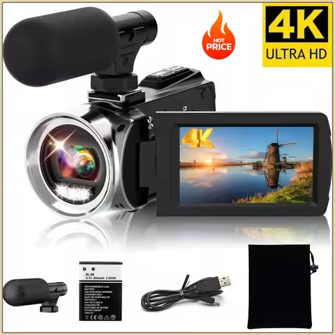 4K Camcorder with Microphone 18X Zoom Infrared Vlogging Video Camera for Youtube 48MP Portable Digit
