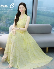 gaun panjang pesta chiffon import/long dress wanita korea D7534/ dress pantai kuning panjang