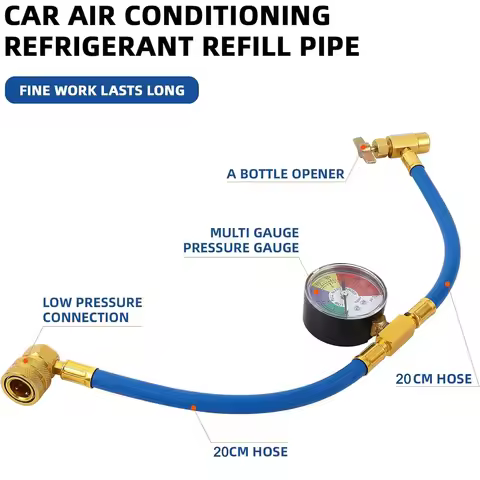 R134A AC Refrigerant Charging Hose Kit w/ 1/2" ACME Can Tap Valve, Low Pressure Gauge, Quick Coupler