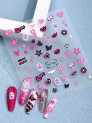 1片粉色漸變愛心和蝴蝶指甲貼紙適用於diy指甲藝術設計,適合女性