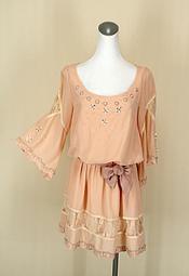貞新二手衣 MERCURYDUO 日本品牌 粉橘圓領長袖蕾絲棉質洋裝F號(32166)