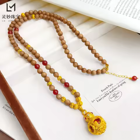 Enamel Rotatable Bottle Vintage Sandalwood Walnut Bead Necklace Women 24K Gold AU999 - Rich Cultural