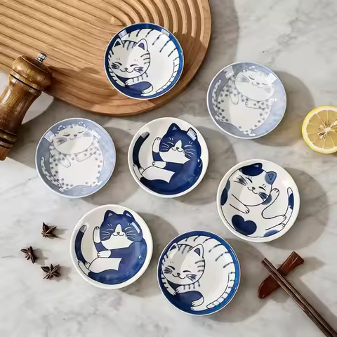 Ceramic Sauce Dish & Sushi Plate, Creative Cute Lucky Cat Pattern Water Drop Shape Tableware for Des