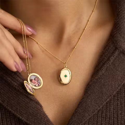Birthstone Photo Locket Necklace Engraved Oval Shaped Locket Pendant Necklace Personalized Photo Loc