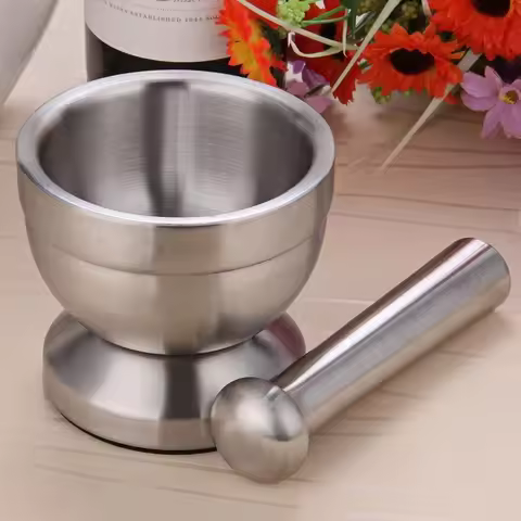 Double Mini Stainless Steel Metal Mortar Salt And Pestle Pedestal Bowl Garlic Press Pot Herb Pepper 