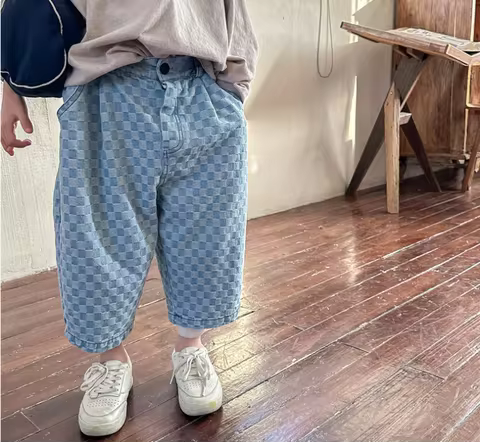 2025 New Stlye Girls Boys Denim Plaid Pants Spring Autumn Fashion Kids Jean Pants 1-7t W11