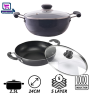[Induction Base] Indian Premium Deluxe Non Stick Granite Kadai With Glass Lid 5 Layer Pan 2.5L Big P