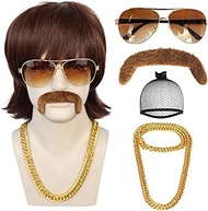 ANOGOL Hair Cap+4 Piece Set Dark Brown 70's 80's Disco Mullet Short Wigs {1 Wig+1 Glasses+1 Chain+1 Mustache}for Men Fringe Bangs Synthetic Hair Rocker Costume Set Wig for Party Halloween