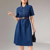 Retro Elegant Women Fitted Denim Dress With Cargo Pockets, Casual Spring/Summer Jean Dress With Flar