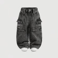 Baby Boys'Trendy Stonewashed Retro Cargo Pocket Split Design Loose Fit Black Denim Jeans,Casual And 