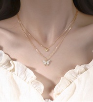 [Cutewomen2020] Twinkle Butterfly Double Necklace for Women Silver Gold Sparkling Flashing Clavicle 