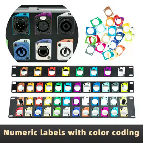 Colored numeric labels for D-sub connectors, suitable for 19-inch 1U/2U rack panels and 86-type pane
