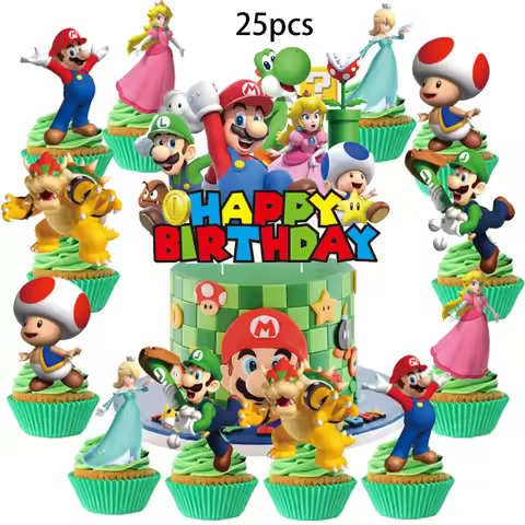 25pcs Mario Cake Topper、Cupcake Toppers, Mario Birthday Decorations，Mario Theme Party Supplies，Mario