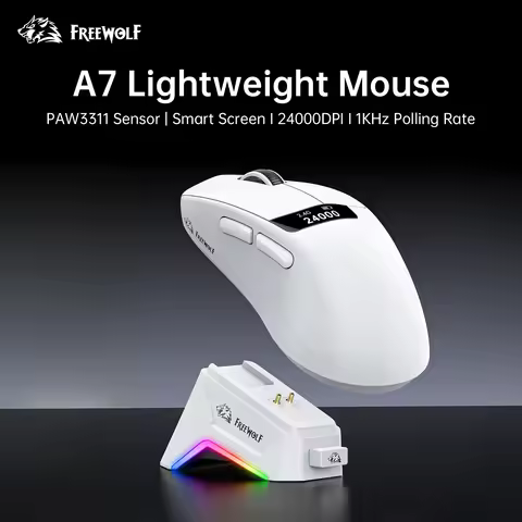 FREEWOLF A7 Tri-Mode Wireless Gaming Mouse, 59g Lightweight, PAW3311 Sensor, RGB Dock, Smart Display