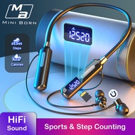 Mini Born TWS Earphone Wireless Bluetooth Earbuds Gaming Music In-Ear Headphones Step Counting Headset Neck Hanging Earbuds Sport Waterproof Earphone LED Display Earbuds Support TF Card