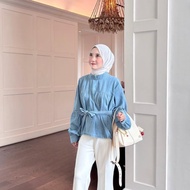 ARO-Kiana Women's Crop Jeans Top with Drawstring and Balloon Sleeves