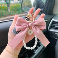 Ins Style Large Bow Pearl Car Keychain Cute Pearl Chain Key Ring Creative Colorful Ribbon Cloth Knot