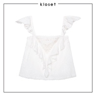 Kloset Design Butterfly Embroidered Ruffle Top (RS26-T005-F) เสื้อครอปสีขาวปักลาย