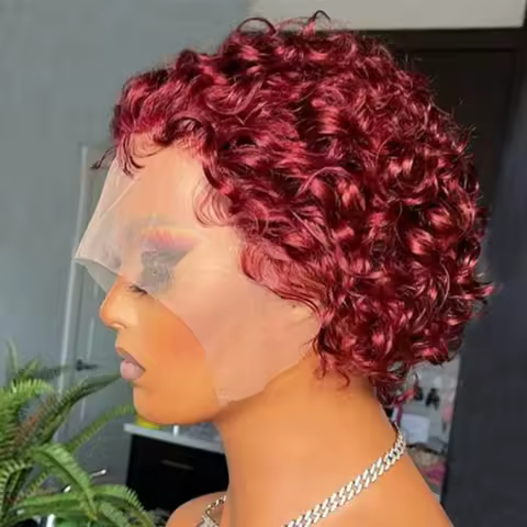 Pixie Cut Wig 99J Color 13x1 Lace Wig Spring curl Short Bob Human Hair Wig For Women Natural Black C