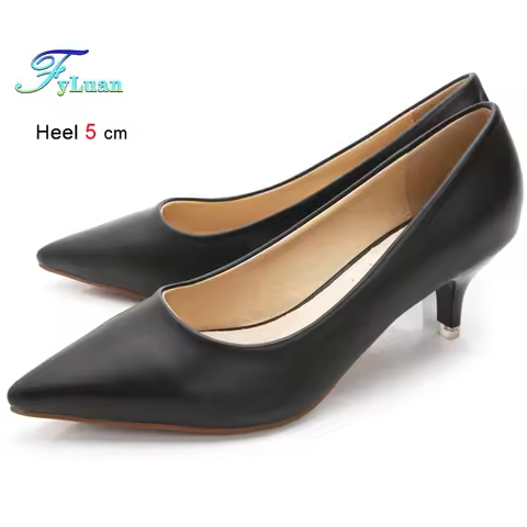 Black Med Heels 5cm Women Shoes Thin Heels Pointed Shallow Mouth Ladies Pumps Ten Colours Microfiber