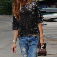 Women Ladies Sequin Tops Tunic Causal Sparkle T Shirts for Summer Disco Party Dates ED5-SG