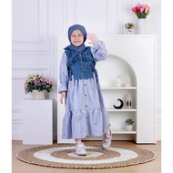 Dungdungkids Gamis Anak Nanda Rompi Jeans Katun Salur Free Pashmina Tali 3 - 11 Tahun