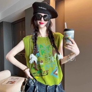Fashionable Green Graffiti Print Flutter Sleeve T-Shirt - Women's Summer Loose Slim Fit